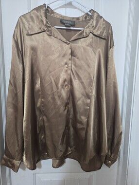 Designs Lane Bryant Gold Satin Button Front Blouse Women's 18/20 Long Sleeve
